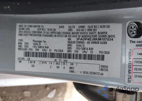 2019 Ford Fiesta Se из США, поврежденный, VIN 3FADP4EJ8KM107034